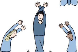 An illustration of three people working together to make a butterfly shape in yoga poses