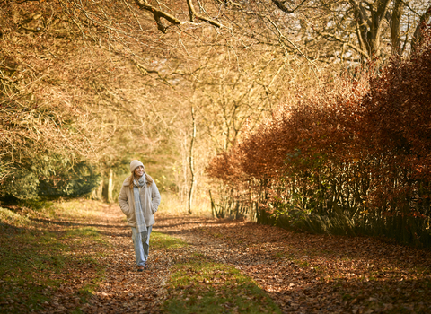 Woman walking in an autumnal woodland